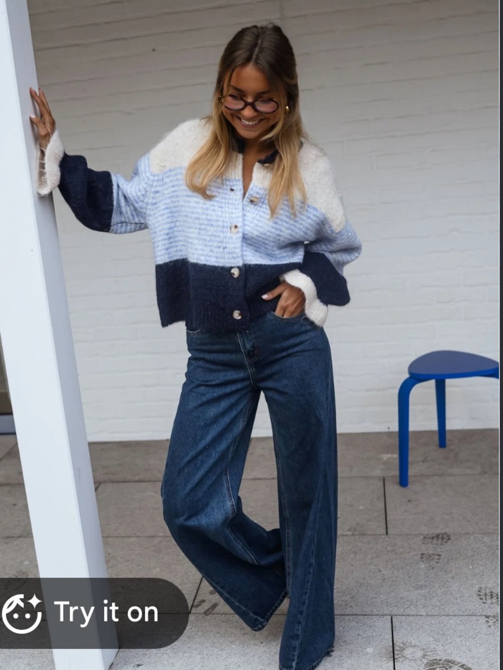 Colorblock Knit Cardigan Jacket - White, Light Blue & Navy